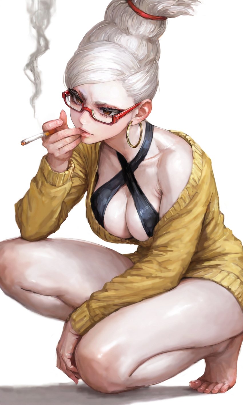 ayase_seiko barefoot breasts cigarette criss-cross_halter dandadan mercyofblade milf nude sweater tight white white_hair