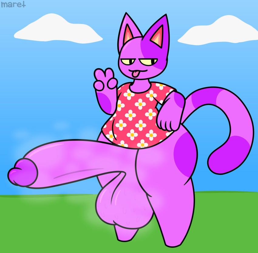 animal_crossing anthro blep bob_(animal_crossing) bottom_heavy catboy evilfiendish fur furry huge_cock looking_at_viewer musk musk_clouds musky_cock outdoors pantsless peace_sign purple_fur tongue_out