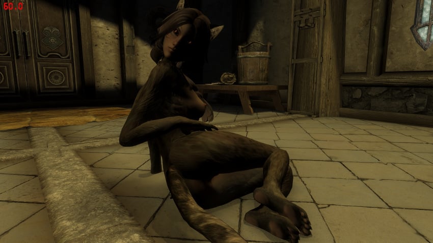 16:9 ass breasts felid female fur hi_res khajiit looking_back m'rissi mammal microsoft nude pawpads paws pose solo tail the_elder_scrolls widescreen