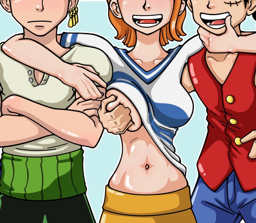 1girls 2boys 2boys1girl artist_request big_breasts curvy female grabbing grabbing_breasts male monkey_d_luffy nami nami_(classic) nami_(one_piece) one_piece roronoa_zoro smile