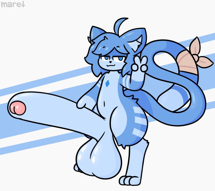 2022 anthro blue_eyes blue_fur blue_hair catboy evilfiendish feline femboy fur furry huge_balls huge_cock hung_trap hyper_penis peace_sign potayo_(potayonsfw) proud_of_his_cock small_but_hung smug smug_grin