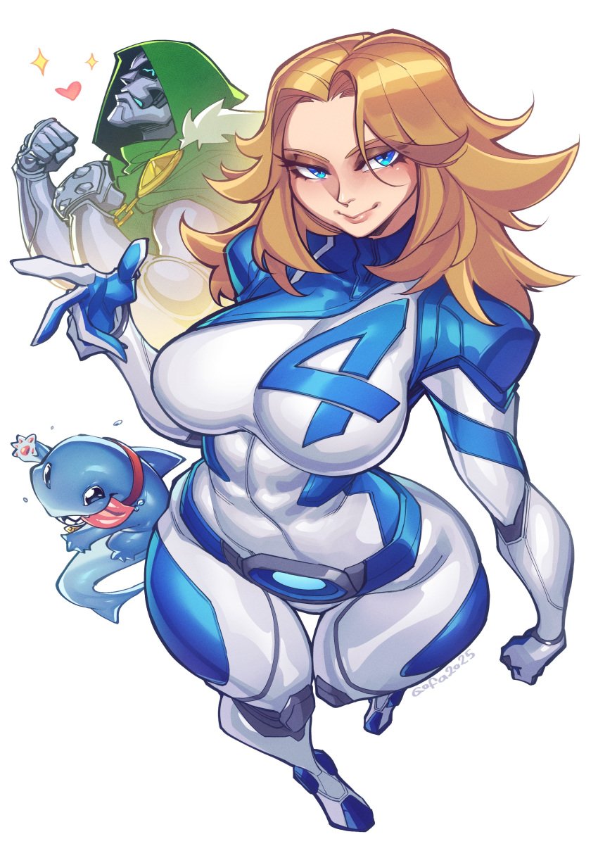 1girl 1girls 2025 2d 2d_(artwork) big_breasts blonde_female blonde_hair blue_eyes breasts clothed clothing doctor_doom fantastic_four female_focus fully_clothed gofa high_resolution highres invisible_woman invisible_woman_(marvel_rivals) jeff_the_land_shark marvel marvel_comics marvel_rivals shark sue_richards sue_storm superheroine