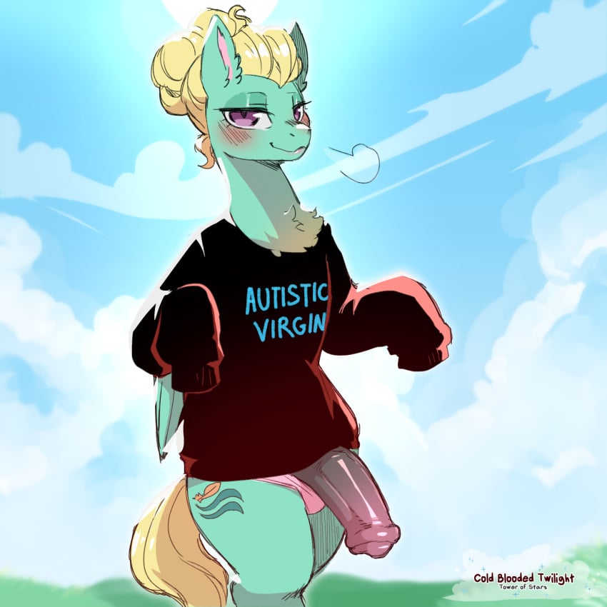 1:1 animal_genitalia animal_penis anthro biped blush blush_lines clothing cold-blooded-twilight cutie_mark english_text equid equine equine_genitalia equine_penis friendship_is_magic genitals hasbro hi_res male male_only mammal my_little_pony mythological_creature mythological_equine mythology pegasus penis solo tail text text_on_clothing text_on_topwear topwear wings zephyr_breeze_(mlp)