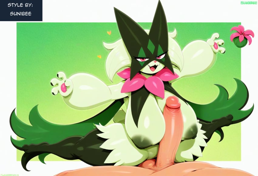 absurd_res ai_generated anthro areola big_breasts big_penis blush bodily_fluids breast_play breasts claws duo erection felid female fur generation_9_pokemon genital_fluids genitals green_body hand_on_breast heart hellsonger hi_res huge_breasts human human_on_anthro humanoid_genitalia humanoid_penis interspecies lying male male/female mammal meowscarada nintendo nipples nude penis pokemon pokemon_(species) precum sex simple_background smile titjob