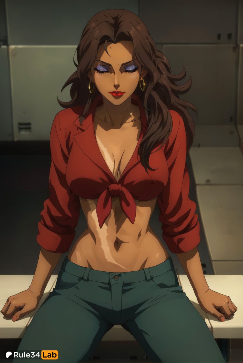 1girls abs ai_generated amida_arca artist_name breasts brown_hair cleavage closed_eyes dark-skinned_female dark_skin denim earrings eyeshadow front-tie_top gundam gundam_tekketsu_no_orphans hi_res jewelry large_breasts lipstick long_hair makeup midriff mole mole_under_eye nail_polish navel pants red_lips red_nails red_shirt rule34lab scar shirt sitting solo tied_shirt