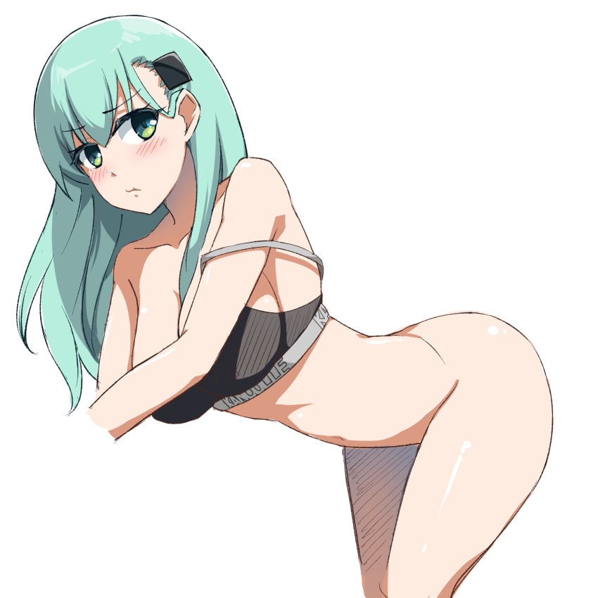 1girls absurdres aqua_hair ass black_bra blush bottomless bra bra_only breasts calvin_klein cleavage green_eyes hair_ornament highres kantai_collection long_hair navel simple_background solo sorano_(12gou) suzuya_(kantai_collection) underwear white_background