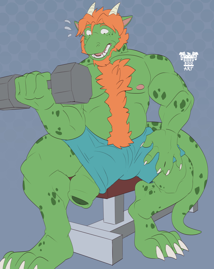 anthro bench bicep_curl big_penis clothed clothing dragon dumbbell exercise foreskin genitals hi_res humanoid_genitalia humanoid_penis male male_only mythological_creature mythological_scalie mythology nipples penis penis_poking_out penis_through_leghole scalie slipping_out too_big topless topless_male uncircumcised wardrobe_malfunction weightlifting weights workout