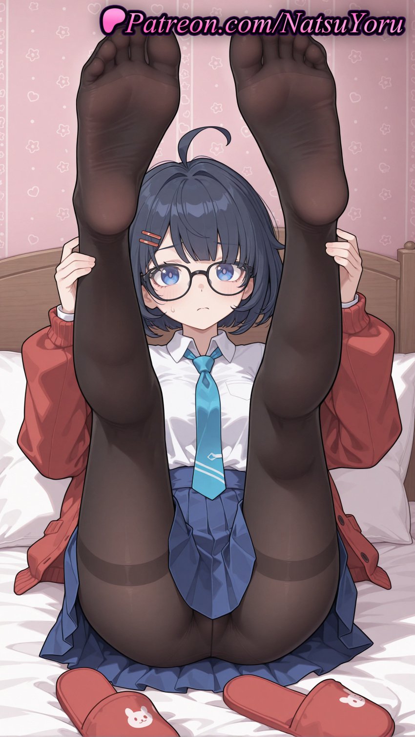 1girls ahoge ai_generated anime anime_style ass bangs bed bed_sheet bedroom black-framed_eyewear black_hair black_legwear black_pantyhose blouse blue_eyes blue_hair blue_necktie blue_skirt blush breasts bust busty closed_mouth collared_shirt feet female female_focus female_only foot_fetish foot_focus foreshortening full_body glasses hair_clips hair_ornament hairclip hentai hi_res high_quality high_resolution highres indoors jacket juicy_butt kneepits legs legs_up legwear long_sleeves looking_at_viewer lying megane mila_(miside) miside mita_(miside) natsuyoru necktie no_shoes on_back on_bed open_clothes oshiri pantyhose pillow pleated_skirt pov_feet presenting_foot red_cardigan red_jacket school_uniform shirt short_hair sitting skirt slippers soles solo solo_female sweatdrop thighband_pantyhose thighs tie toes voluptuous voluptuous_female white_shirt