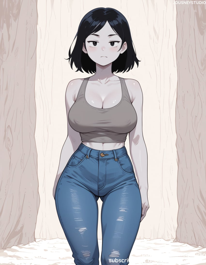 adventure_time ai_generated bangs bare_arms bare_shoulders black_eyes black_hair black_pants blue_pants blush breasts cartoon_network clavicle cleavage closed_mouth clothing cowboy_shot crop_top day denim female female female_only forest grass jeans jousneystudio large_breasts looking_at_viewer marceline marceline_abadeer medium_hair midriff nature navel original outdoors pants shirt short_hair simple_background sleeveless solo standing tank_top thighs torn_clothes torn_pants tree white_background