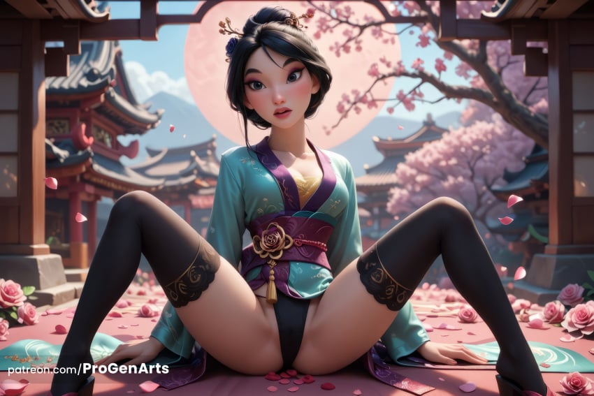 1girls ai_generated architecture artist_name black_eyes black_hair black_panties black_thighhighs breasts cherry_blossoms cleavage disney disney_princess east_asian_architecture fa_mulan flower hair_bun hair_ornament hair_stick hi_res japanese_clothes kimono looking_at_viewer medium_breasts moon mulan mulan_(1998_film) nail_polish obi open_mouth outdoors panties parted_lips patreon_username petals pink_flower pink_rose progenarts rose sash single_hair_bun sitting solo spread_legs thighhighs underwear watermark web_address