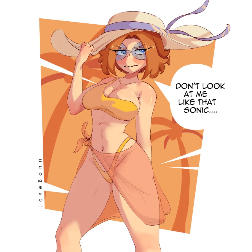 beach_hat bikini bikini_bottom bikini_top blue_eyes breasts dr._eggma’am dr._eggmom dr_robotnik eggmaam genderswap_(mtf) glasses hat josebonn navel orange_hair rule_63 short_hair sonic_(series) sonic_the_hedgehog_(series) swimsuit transparent_skirt two-piece_swimsuit