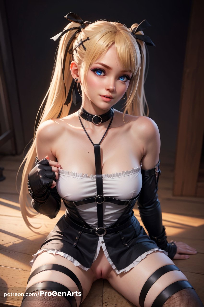 1girls ai_generated artist_name bare_shoulders black_gloves black_ribbon black_thighhighs blonde_hair blue_eyes bottomless breasts collarbone dead_or_alive dead_or_alive_5 dead_or_alive_5_last_round dead_or_alive_6 detached_sleeves earrings elbow_gloves fingerless_gloves gloves hair_ornament hair_ribbon hi_res jewelry lips long_hair looking_at_viewer marie_rose medium_breasts mole no_panties o-ring patreon_username progenarts pussy realistic ribbon sitting solo thigh_strap thighhighs twintails web_address x_hair_ornament