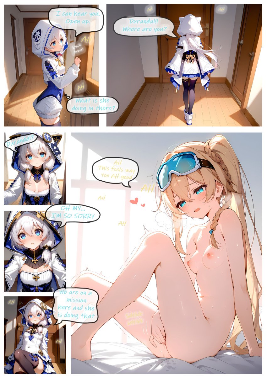 2girls ai_assisted ai_generated blush caught_masturbating cleavage close-up comic doujinshi durandal_(honkai_impact) embarrassed fingering honkai_(series) honkai_impact_3rd masturbation moaning sweat sweatdrop theresa_apocalypse