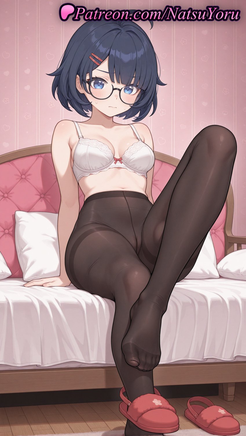 1girls ahoge ai_generated anime anime_style arm_support asian bangs bare_arms bare_shoulders bed black-framed_eyewear black_hair black_pantyhose blue_eyes blue_hair blush bow bow_bra bra breasts bust busty cleavage closed_mouth collarbone crotch_seam feet female female_focus female_only foot_fetish foot_out_of_frame full_body glasses hair_clips hair_ornament hairclip hi_res high_quality high_resolution highres indoors knee_up legs looking_at_viewer medium_breasts megane mila_(miside) miside mita_(miside) natsuyoru navel no_panties no_shirt no_shoes on_bed pale_skin pantsu pantyhose pillow presenting_foot red_footwear semi-rimless_eyewear shoes short_hair single_shoe sitting slippers solo solo_female stomach sweatdrop thighband_pantyhose thighs toenails toes underwear voluptuous voluptuous_female white_bra wooden_floor