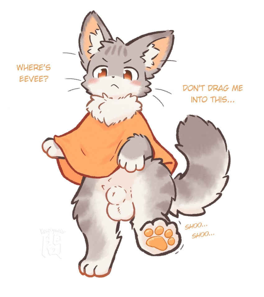 animal_genitalia anthro aster_(kemonymous) balls casual_exposure clothing dialogue english_text felid feline fully_sheathed genitals hi_res kemono kemonymous male male_only mammal pawpads paws poncho sheath solo text