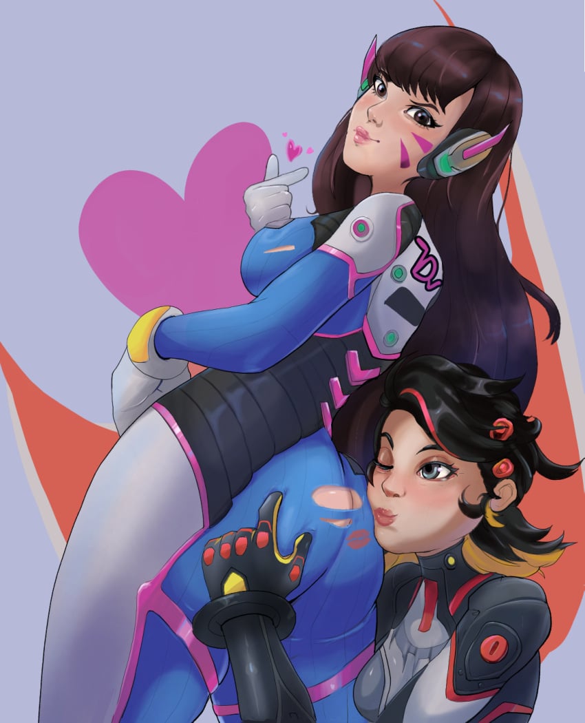 2girls ass ass_cleavage ass_on_face big_ass butt_crack d.va female female_only goodfreak head_on_ass lipstick_on_ass marvel marvel_rivals overwatch overwatch_2 peni_parker peni_parker_(marvel_rivals) thick_thighs torn_clothes trait_connection yuri