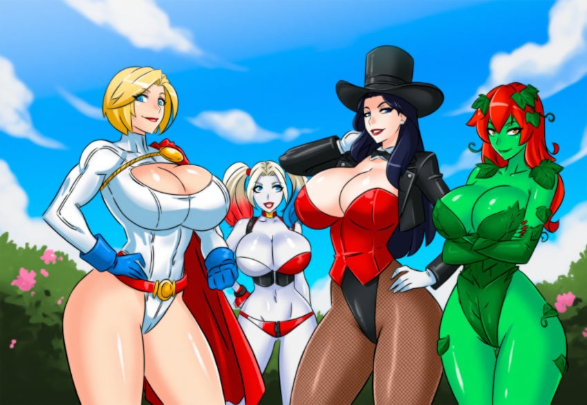 4girls alien alien_girl batman_(series) big_breasts cleavage day dc dc_comics fishnet_legwear fishnets green_skin harley_quinn hat huge_breasts kara_zor-el kryptonian large_breasts leaves leotard mullon pantyhose poison_ivy power_girl smile superheroine superman_(series) supervillain supervillainess thick_thighs zatanna zatanna_zatara