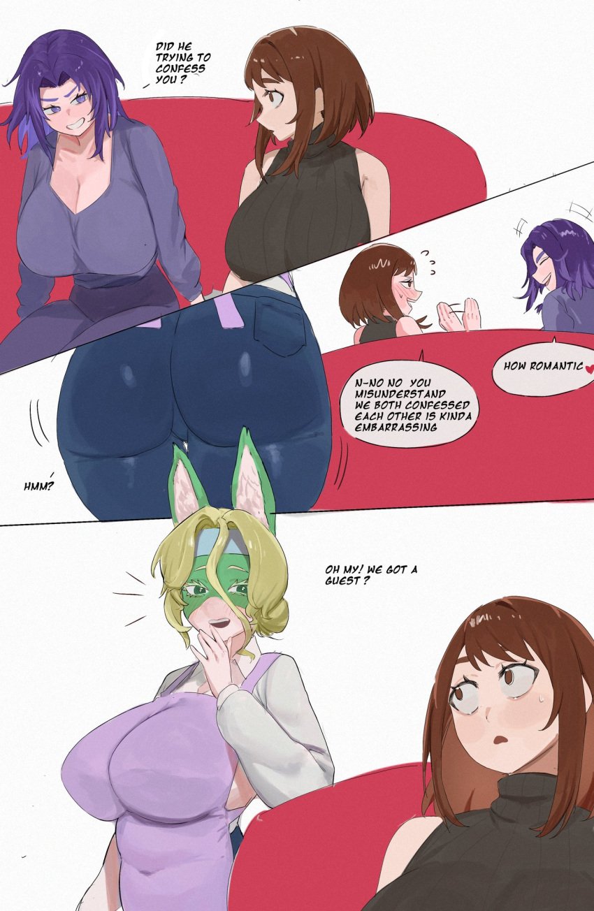 3girls apron ass ass_focus blonde_hair blush boku_no_hero_academia brown_hair cleavage furry hair_bun harem housewife housewives huge_breasts ippan_josei jeans kaina_tsutsumi lady_nagant large_breasts mature_female nyan_somoe ochako_uraraka polyamory short_hair sweater tall_female tsutsumi_kaina uraraka_ochako wide_hips wives