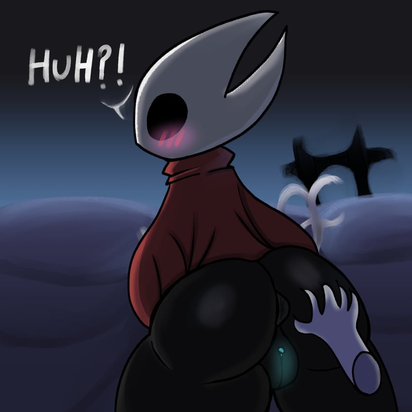 background blush blushing_at_viewer blushing_female fercholito glowing_pussy grabbing_ass grabbing_from_behind hand_grab hollow_knight hornet_(hollow_knight) looking_at_viewer looking_back silksong text text_bubble twitter twitter_username