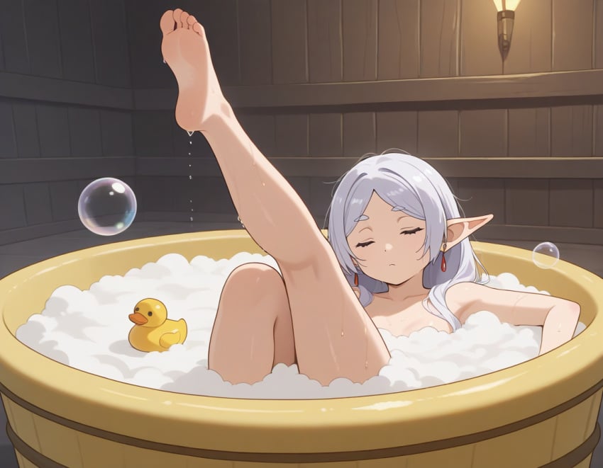 1girls ai_generated barefoot bathtub bubble_bath elf elf_female feet frieren frieren_beyond_journey's_end leg_up legs light-skinned_female rubber_duck white_hair