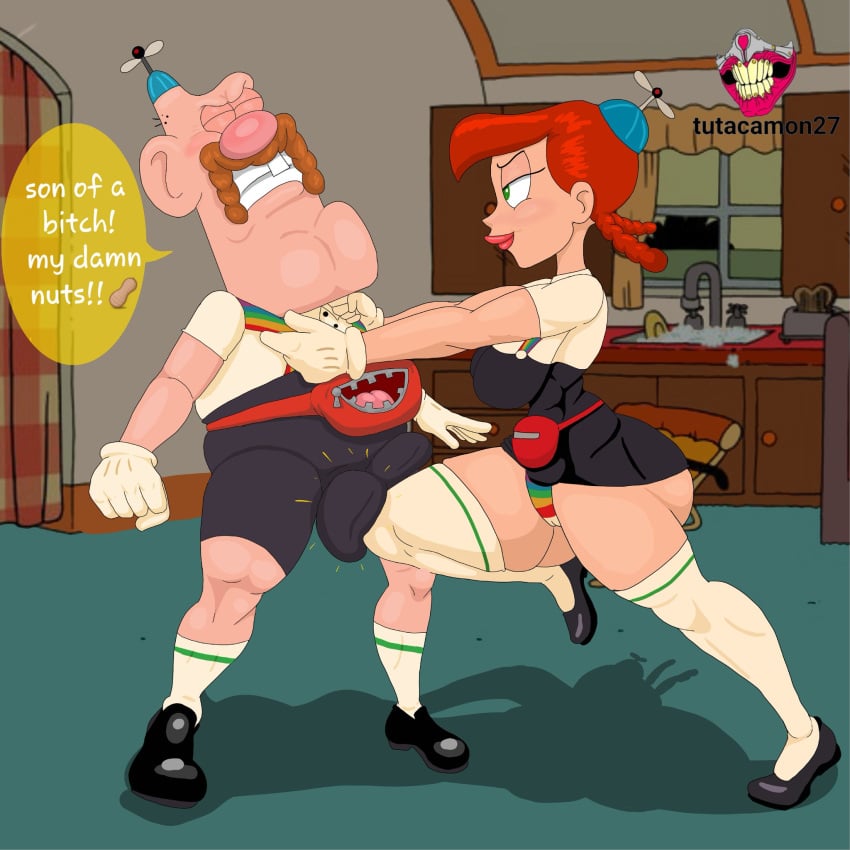 angry_face aunt_grandma balls_touching big_balls big_breasts broken_balls dialogue_bubble green_eyes long_stockings miniskirt red_hair satisfaction testicles_broken tutacamon27 uncle_grandpa