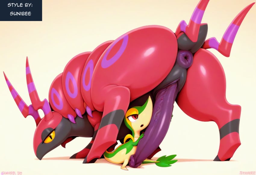 ai_generated ambiguous_gender arthropod big_penis blush bodily_fluids duo female feral generation_5_pokemon genitals hellsonger hi_res male myriapod nintendo penis pokemon pokemon_(species) saliva scolipede simple_background snivy sweat tsutarja