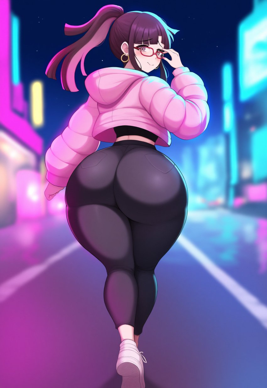 ai_generated ass_focus ass_grab back_view bubble_ass bubble_butt cow-ede_akamatsu danganronpa dat_ass glasses huge_ass huge_breasts leggings looking_at_viewer looking_back neon_lights skin_tight skindentation streetwear tagme thick_ass thick_thighs tight_clothing tight_fit tight_pants tsumiki_mikan wide_hips