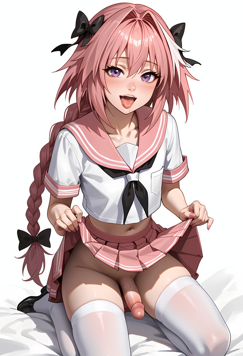 ai_generated astolfo_(fate) crossdressing fate/apocrypha fate/grand_order fate_(series) kneeling open_mouth penis solo