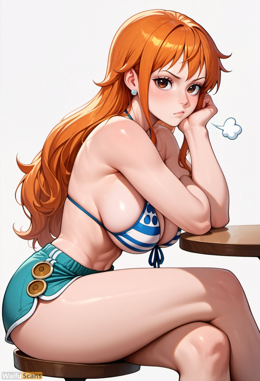 ai_generated artist_name bangs bare_shoulders bikini bikini_top_only blush breasts brown_eyes cleavage closed_mouth crossed_legs earrings female female_only from_side front-tie_bikini_top front-tie_top head_rest high_resolution highres jewelry large_breasts lips long_hair looking_at_viewer nami nami_(one_piece) one_piece orange_hair shiny shiny_skin short_shorts shorts sideboob simple_background sitting solo stable_diffusion striped striped_bikini swimsuit thighs waifuscans418 white_background