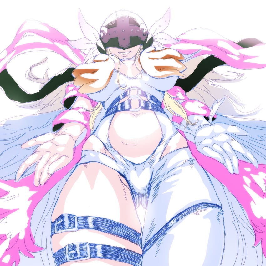 1girls 2d angel angel_girl angel_wings angewomon asymmetrical_clothes asymmetrical_legwear bare_shoulders big_breasts blonde_hair breasts collarbone covered_eyes digimon digimon_(species) digimon_adventure digital_media_(artwork) elbow_gloves female female_focus female_only full_color gerusyu gloves head_wings helmet helmet_over_eyes highres large_breasts larger_female light-skinned_female light_skin looking_at_viewer mature_female mature_woman pink_shawl shawl shiny_skin simple_background sitting sketch skindentation smile thick_thighs thigh_strap thighs wrist_wings