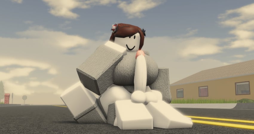 1boy 1boy1girl 1girls 3d balls big_breasts black_eyes bottomless bottomless_male breasts brown_hair clouds crimstuff day erection facesitting grey_clothing grey_shirt grey_skin grey_sleeves grey_sweater house long_hair long_sleeves on_floor outdoors penis public roblox robloxian shirt short_sleeves sky sleeves smile street sweater t-shirt thick_thighs thighs white_skin