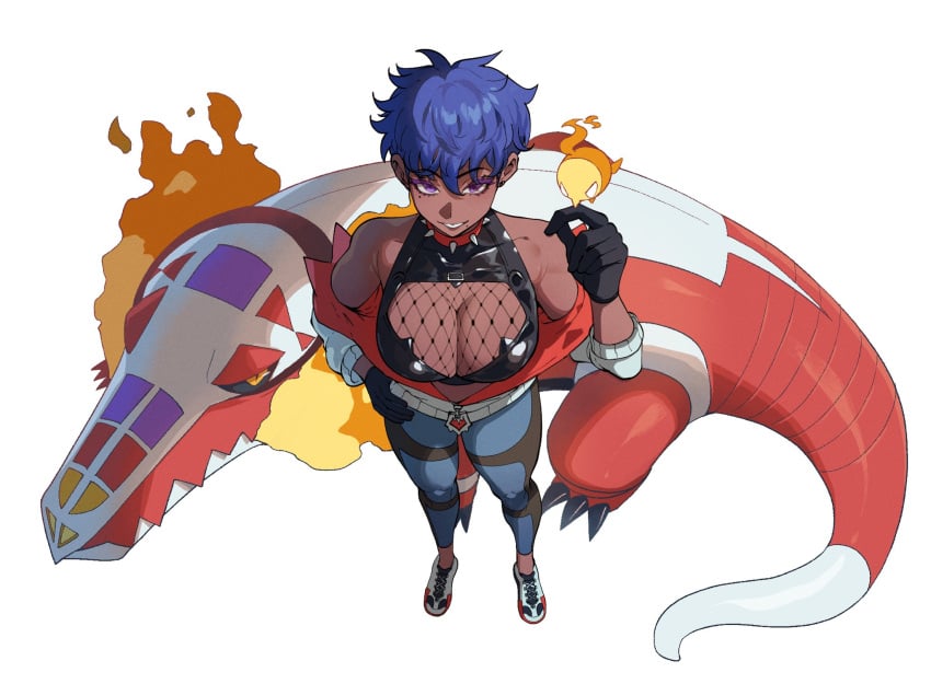 1girls black_sclera blue_hair breasts colored_sclera creatures_(company) crocodilian dark-skinned_female dark_skin female female fire game_freak highres large_breasts mole mole_under_eye mole_under_mouth multiple_moles nintendo nyantcha original pixie_cut pokemon pokemon_(creature) purple_eyes short_hair skeledirge thiccwithaq tomboy very_dark_skin yellow_eyes zoraida_(nyantcha)