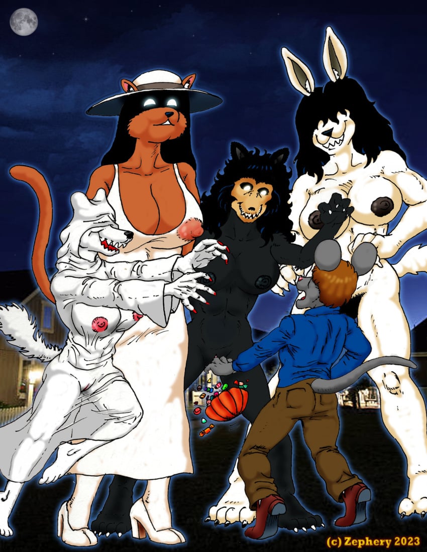 2023 anthro areola big_breasts black_areola black_hair black_nipples breasts brown_hair canid canine canis clothed clothed_anthro clothed_male clothing domestic_cat dress felid feline felis female fur genitals ghost glowing glowing_eyes grey_body group hachishaku-sama hair hairy_pussy halloween hat headgear headwear hi_res holidays larger_female male mammal mouse murid murine nipples nude nude_anthro nude_female pink_areola pink_nipples pubes pussy robe rodent scared scp-1471 scp-1471-a scp_foundation shroud size_difference skulldog_(species) smaller_male spirit sundress tagme translucent translucent_clothing translucent_robe wcd1959_(artist) white_body white_fur wolf