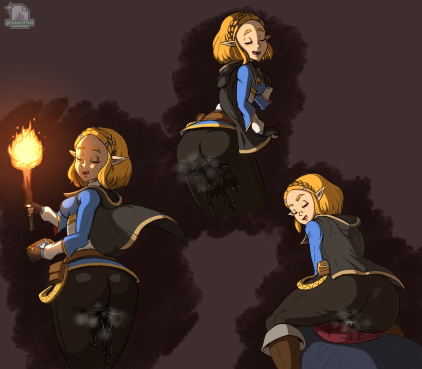 3girls black_pants blonde_hair blue_eyes grossyjpeg omorashi peeing princess_zelda relief the_legend_of_zelda torch urine