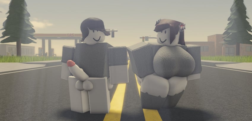 1boy 1girls 3d ass balls big_breasts black_eyes bottomless bottomless_female bottomless_male breasts brown_hair clouds crimstuff day erection female gas_station grey_clothing grey_shirt grey_sweater grey_thighhighs half-dressed half_naked long_hair long_sleeves male outdoors penis public_nudity roblox robloxian shirt short_hair short_sleeves sky sleeves smile standing street sweater t-shirt thick_thighs thighhighs thighs traffic_light tree trees white_skin