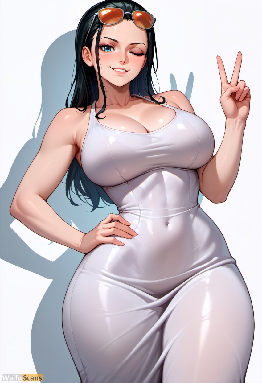 1girls ai_generated breasts clothing dress female female_only glasses nico_robin one_eye_closed one_piece peace_sign smile stable_diffusion sunglasses sunglasses_on_head thick_thighs waifuscans418 watermark