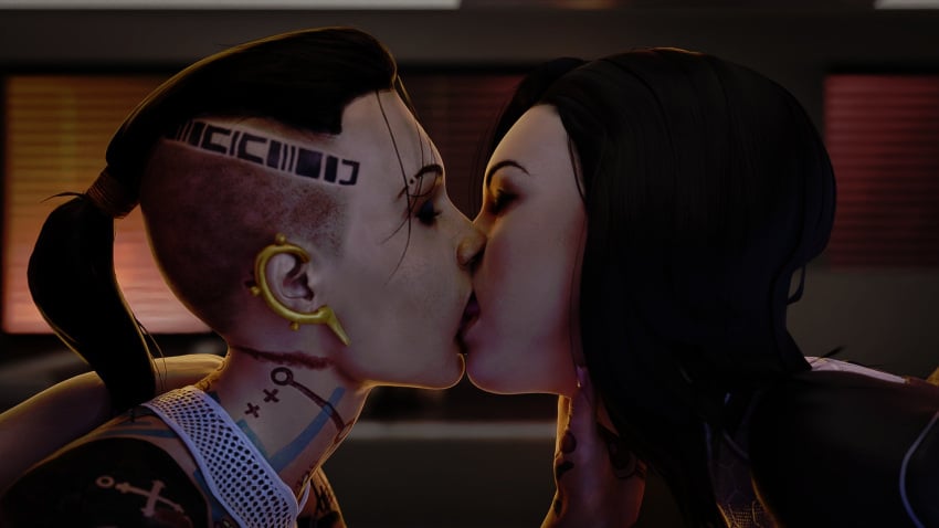 2girls 3d bioware closed_eyes french_kiss french_kissing hand_on_neck jack_(mass_effect) kissing kissing mass_effect miranda_lawson ponytail shaved_sides somenerdygentleman tattoo tattoos tongue_kiss