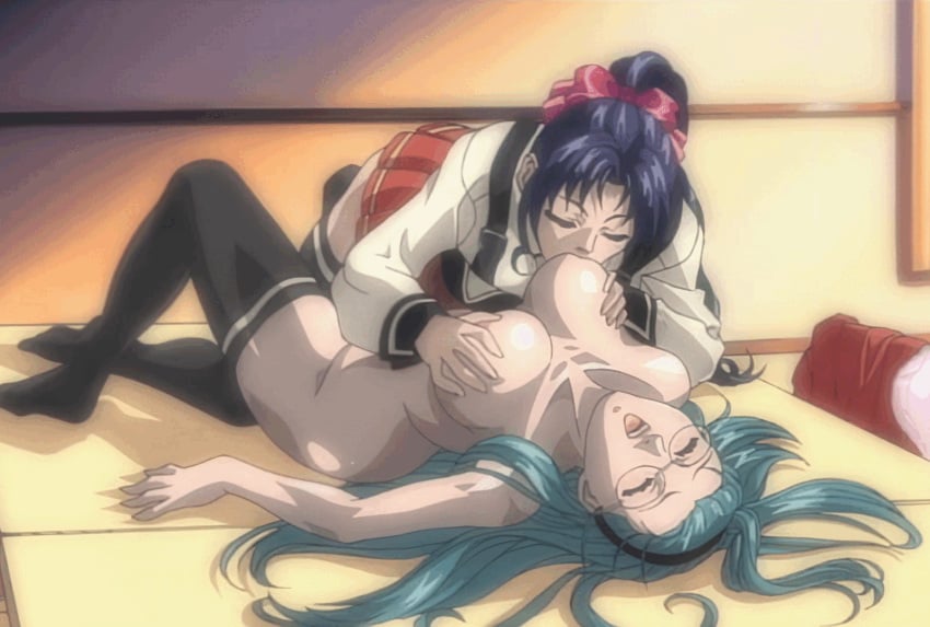 00s 2002 2girls animated animated aqua_hair bible_black bible_black_gaiden black_thighhighs bow breast_sucking breasts classroom closed_eyes clothed_female_nude_female desk female_focus glasses grabbing_another's_breast groping hairband hairbow kozono_nami large_breasts long_hair lowres lying moaning mochida_junko multiple_girls nipples nude on_back on_desk open_mouth ponytail purple_hair school school_uniform sitting stitched tagme thighhighs yuri