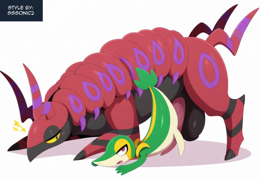 ai_generated ambiguous_gender arthropod big_penis blush bodily_fluids duo female feral generation_5_pokemon genitals hellsonger hi_res male multi_leg myriapod nintendo penis pokemon pokemon_(species) saliva scolipede simple_background sweat