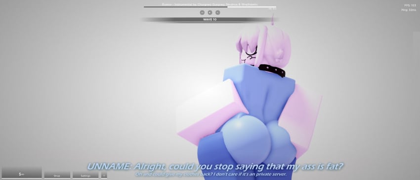 1girls 3d ass back big_ass blue_body collar completely_nude completely_nude_female crimstuff dialogue english_text female female_only game_ui looking_back nude nude_female original_character roblox roblox_game robloxian solo standing text thighs unnamed_character white_hair white_skin