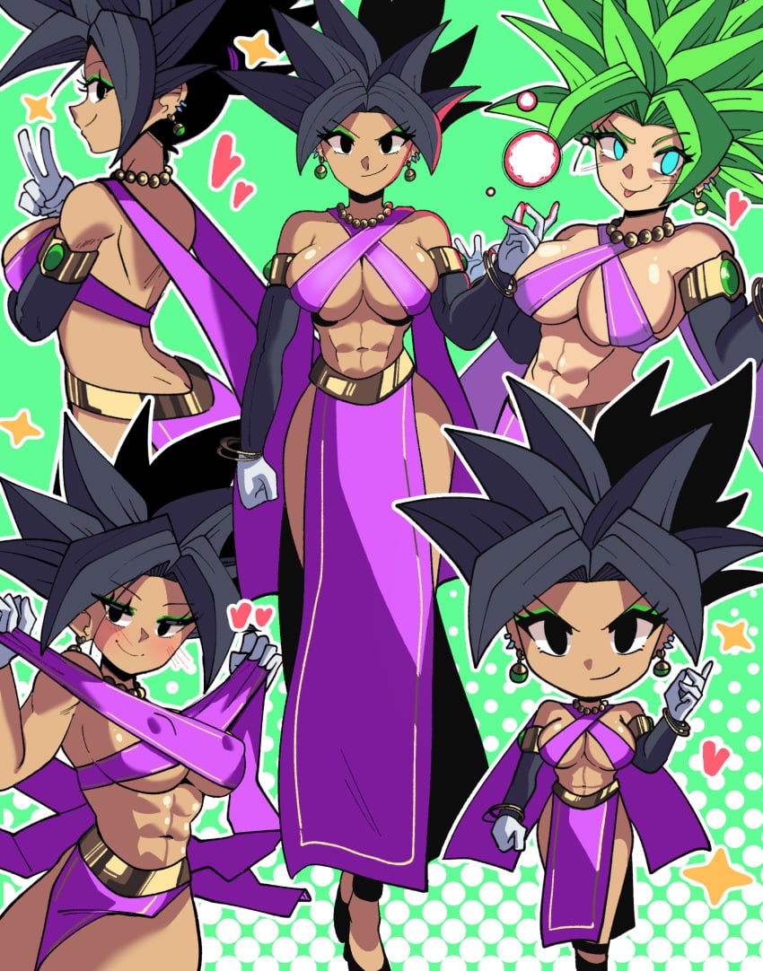 abs black_hair blue_eyes breasts crop_top dragon_ball dragon_ball_super gloves green_hair hot0 kefla loincloth muscular_female nipples_visible_through_clothing