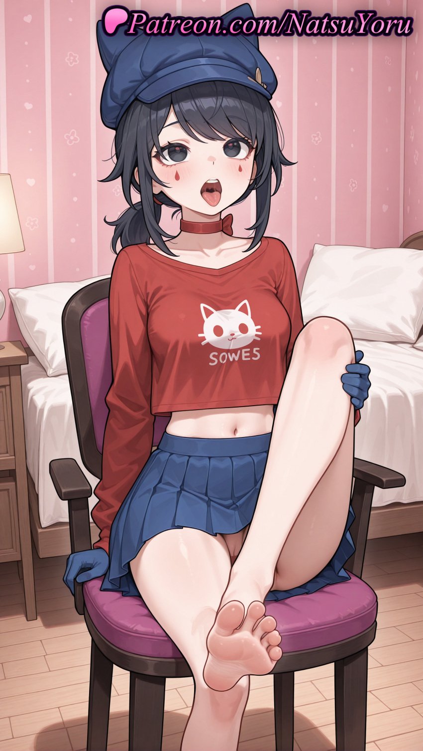 1girls ai_generated anime anime_style asian bangs bare_legs barefoot bed black_eyes black_hair blue_gloves blue_headwear blue_skirt blush breasts bust busty cabbie_hat cat_print chair choker clothing collarbone cool_mita_(miside) crop_top cropped_shirt east_asian facial_mark fake_animal_ears feet female female_focus female_only fetish foot_fetish foot_focus foot_out_of_frame gloves hat heart heart-shaped_pupils hentai hi_res high_quality high_resolution highres indoors knee_up lamp leg_up legs lipstick long_hair long_sleeves looking_at_viewer makeup medium_breasts medium_hair midriff miniskirt miside mita_(miside) natsuyoru navel no_panties on_bed on_chair open_mouth pale_skin panties pantsu pantyshot pillow pleated_skirt ponytail pov_feet presenting_foot pussy red_choker red_shirt red_sweater shirt short_hair short_ponytail sidelocks sitting skirt soles solo solo_female spread_toes stomach swept_bangs symbol-shaped_pupils teeth thighs toenails toes tongue tongue_out underwear upper_teeth_only vagina voluptuous voluptuous_female wooden_floor