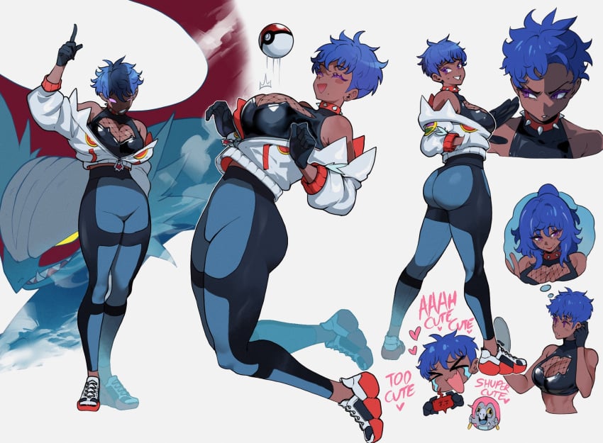 1girls aged_up alternate_hair_length alternate_hairstyle ass blue_hair breasts dark-skinned_female dark_skin english_text female frigibax game_freak generation_9_pokemon highres huge_ass imagining large_breasts mature_female mole mole_under_eye mole_under_mouth nintendo original pixie_cut pokemon pokemon_(species) pokemon_sv purple_eyes roaring_moon short_hair solo textless thiccwithaq thick_thighs thighs tomboy very_dark_skin zoraida_(nyantcha)