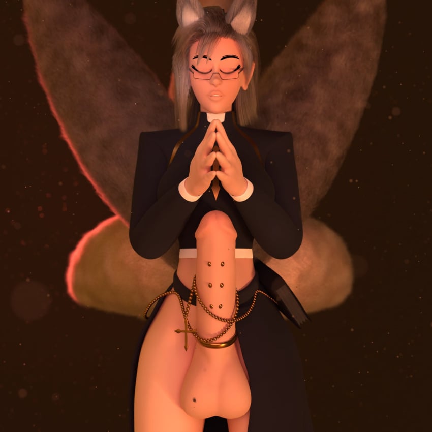 3d 3d_(artwork) cock_ring fluffy futanari glasses grey_hair kitsune monster_girl nicole original_character pierced_genitals piercing prayer_beads praying saishi