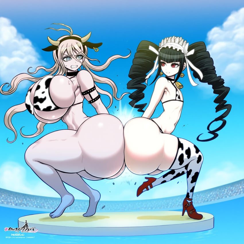 2girls ai_generated celestia_ludenberg cow-ede_akamatsu cow_print danganronpa fight huge_ass huge_breasts iruma_miu keijo rebis_(style) tagme