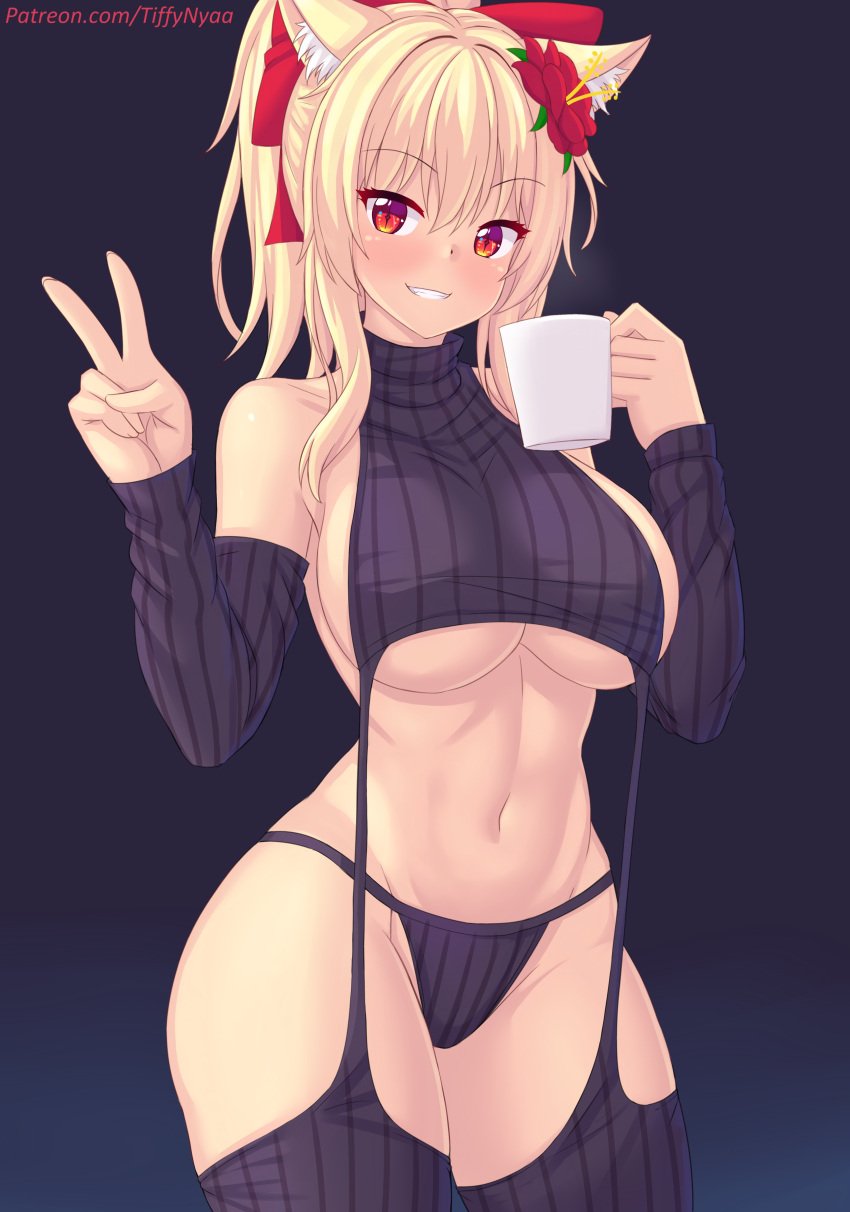 1girls black_panties black_sweater blonde_hair breasts cup flower hair_flower hairbow holding_cup large_breasts looking_at_viewer midriff navel original panties ponytail red_eyes sweater thighhighs tiffynyaa v virgin_destroyer_sweater