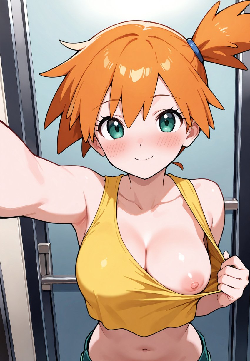 1girls ai_generated armpits blue_eyes blush blush_lines breasts denim denim_shorts kasumi_(pokemon) looking_at_viewer nipple_out nipples one_breast_out orange_hair pokemon selfie shiionkoro shirt_pull solo stable_diffusion yellow_topwear