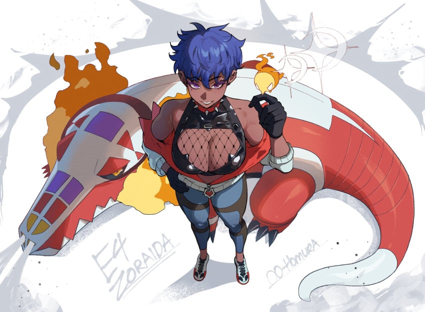 1girls black_sclera blue_hair breasts colored_sclera creatures_(company) crocodilian dark-skinned_female dark_skin female fire game_freak highres large_breasts mole mole_under_eye mole_under_mouth multiple_moles nintendo nyantcha original pixie_cut pokemon pokemon_(creature) purple_eyes short_hair skeledirge thiccwithaq tomboy very_dark_skin yellow_eyes zoraida_(nyantcha)