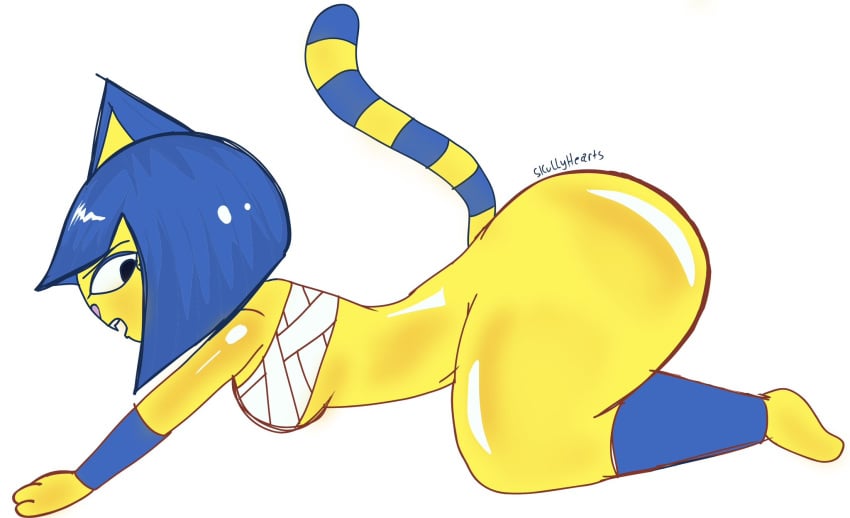 1girls 2025 2d 2d_(artwork) animal_crossing ankha ass balls blue_hair breasts cat_ears cat_tail feline female jpeg jpg long_tail skullyhearts solo tagme tail white_background yellow_body