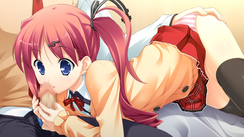 1boy :o ass ass_grab black_legwear blue_eyes cardigan censored game_cg hair_ribbon handjob highres musical_note nonomiya_ai panties penis penis_awe plaid plaid_skirt red_hair ribbon school_uniform shunki_gentei_poco_a_poco side_ponytail skirt striped striped_panties takoyaki_(roast) thighhighs underwear zettai_ryouiki